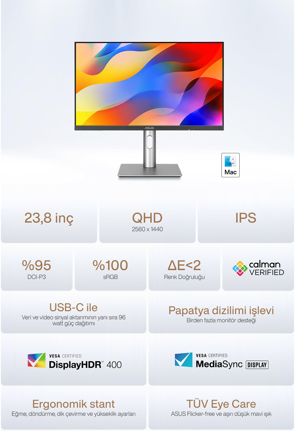 ASUS ProArt Display PA24ACRV 24″ 75Hz 5ms 2K QHD VESA DisplayHDR 400 IPS Profesyonel Monitör