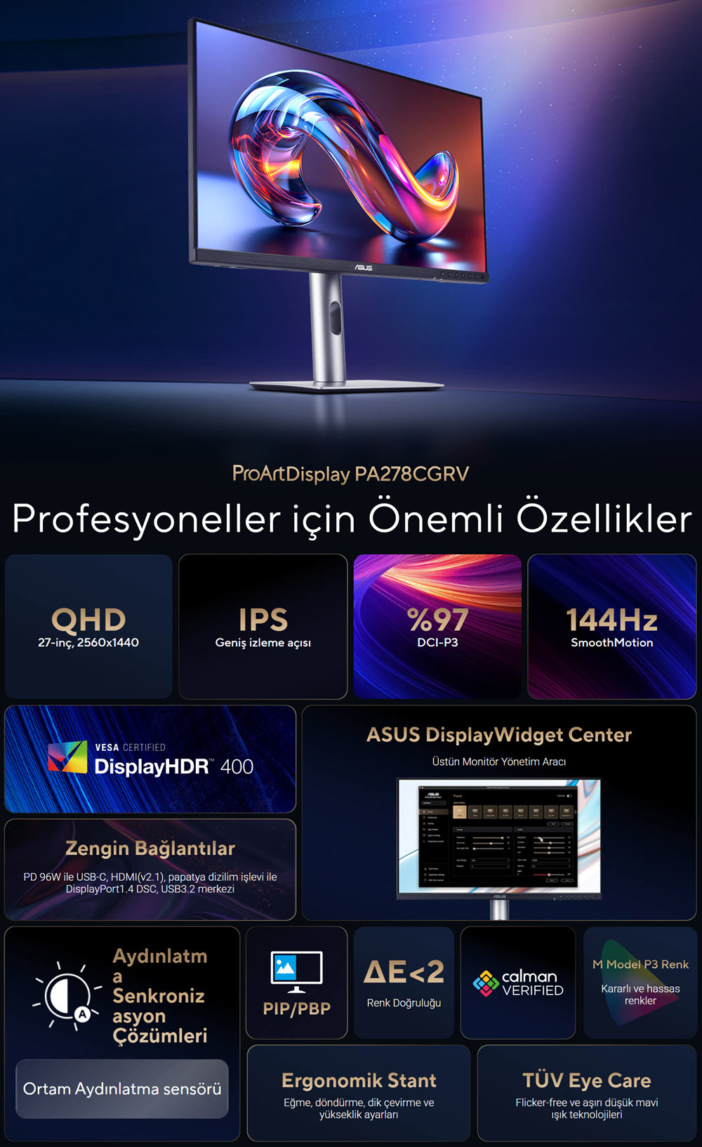 ASUS ProArt PA278CGRV 27″ 144Hz 5ms Dahili Hoparlör Pivot VESA DisplayHDR 400 QHD IPS Monitör