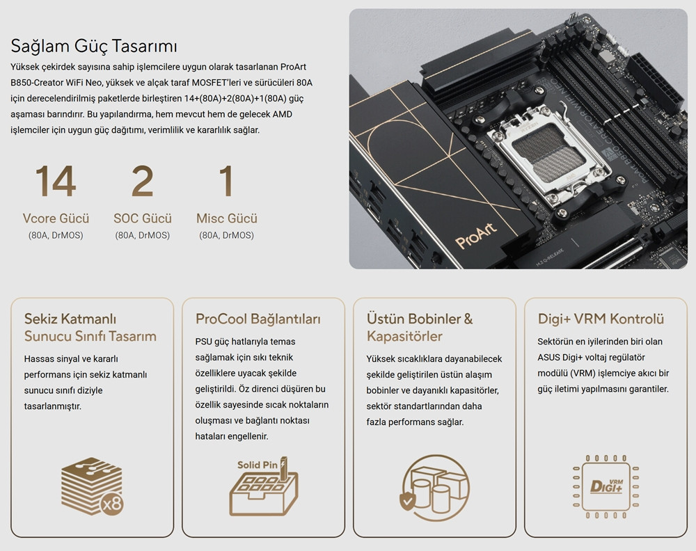 ASUS PROART B850-CREATOR WIFI NEO AMD B850 Soket AM5 DDR5 9000+MT/s(OC) Wi-Fi 7 ATX Anakart