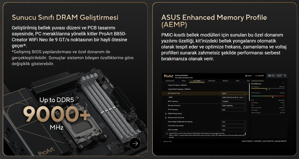 ASUS PROART B850-CREATOR WIFI NEO AMD B850 Soket AM5 DDR5 9000+MT/s(OC) Wi-Fi 7 ATX Anakart