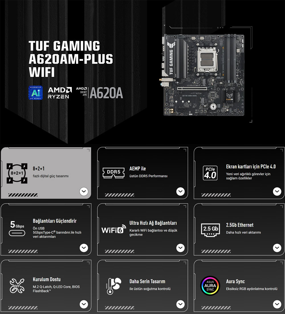 ASUS TUF GAMING A620AM-PLUS WIFI AM5 DDR5 7600+(OC)MHz mATX Gaming Anakart