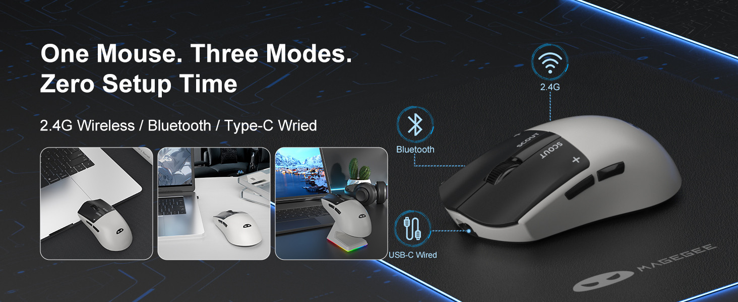 MageGee Scout & RGB Dock Station 12.000DPI PAW3311 Triple Mode (Kablolu/Bluetooth/2.4G) Beyaz Gaming Mouse