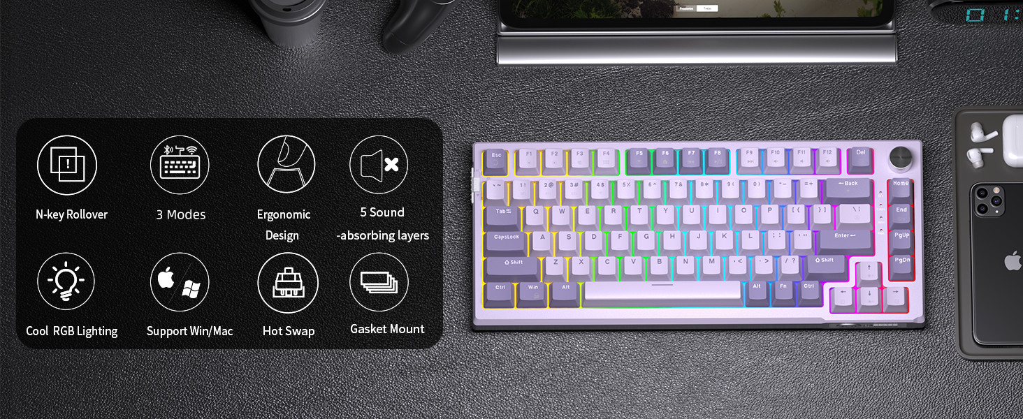 SKY81 Violet 83 Tuş Kablosuz RGB Hot-Swap Mekanik Gasket Mor Gaming Klavye