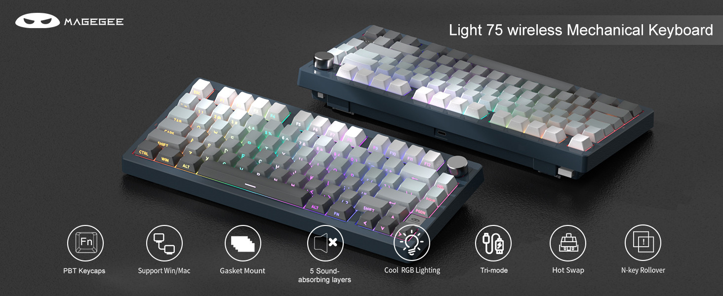 MageGee Light75 Tri-Mode Kablosuz RGB Hot-Swap Mekanik Siyah-Gri Gradient Gasket Gaming Klavye