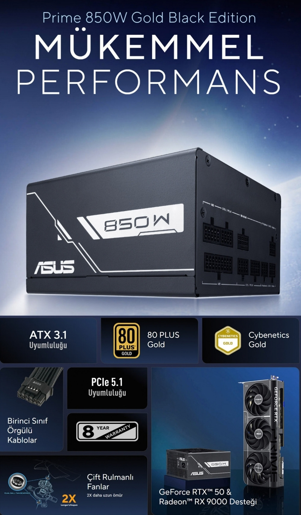 ASUS Prime 850G 850W Gold 80 Plus Full Modüler Gaming (Oyuncu) Güç Kaynağı