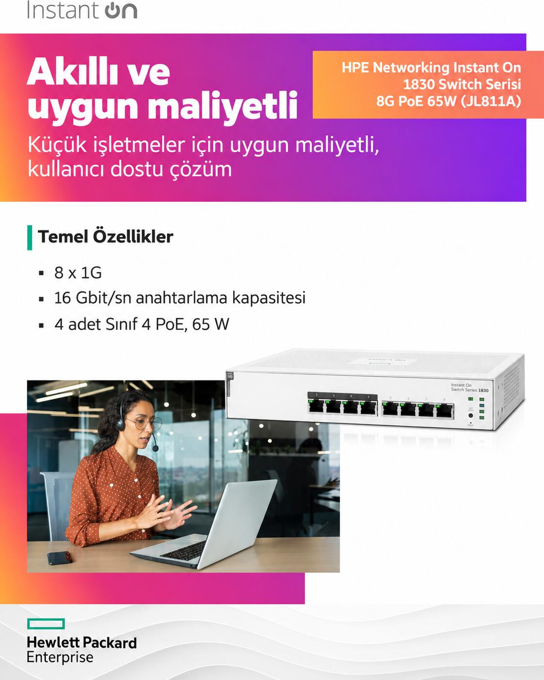 HP Aruba Instant On 1830-8G JL811A 8 Port 10/100/1000 Mbps Yönetilebilir Gigabit Switch