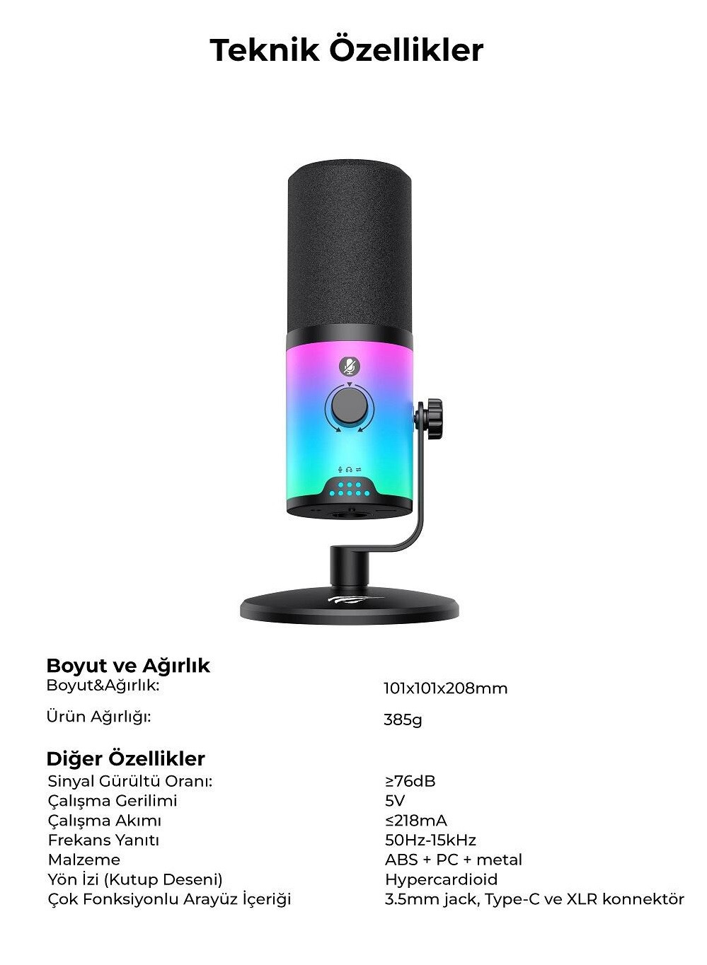 Havit Gamenote GK73 RGB Dinamik Oyuncu Mikrofonu - Type-C XLR 3.5mm Yayıncı Kayıt Mikrofonu (24 Bit / 192 kHz)
