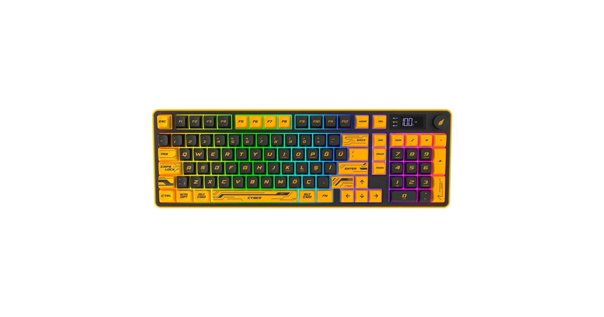 Hawk Gaming HK258CY Membrane LCD RGB Kablosuz/Bluetooth Cyber Sarı Siyah Full Türkçe Gaming Klavye