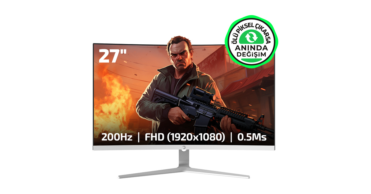 GamePower Vivid T50 27" 1500R Curved RGB Beyaz 200Hz 0.5ms FHD 2x2W Speaker VA Gaming Monitör (Ölü Pikselde Anında Değişim)