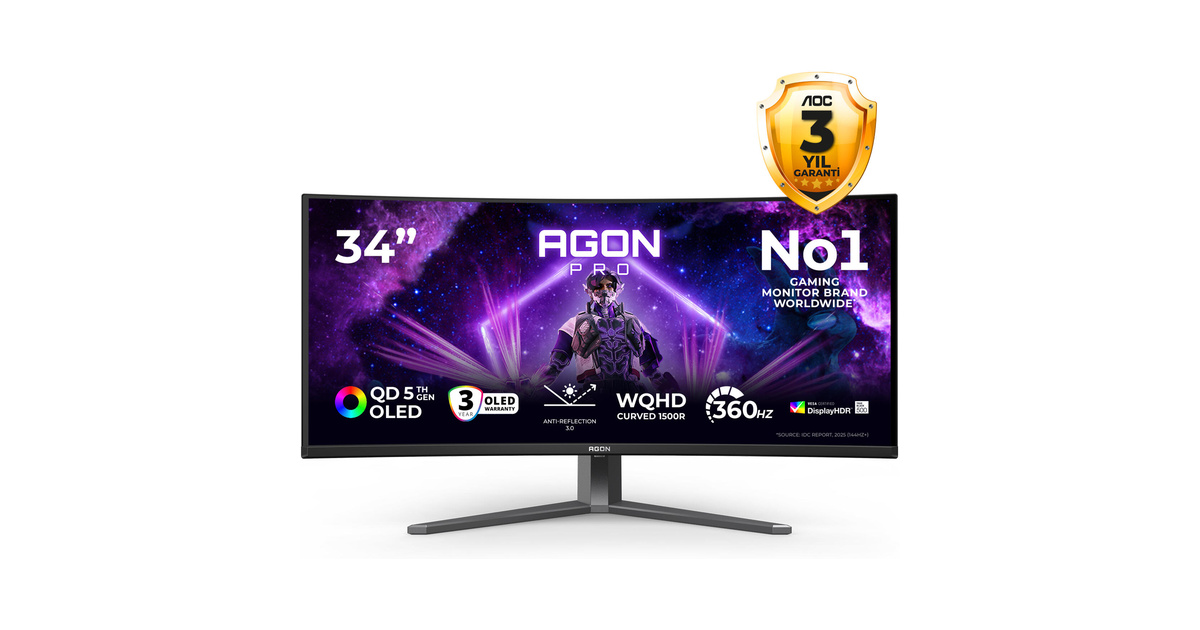 AOC AGON PRO AGP346UCSD 34" 360Hz 0.03ms HDMI DP Adaptive Sync HDR500 WQHD QD-OLED Curved 1800R Gaming Monitör