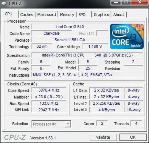 INTEL CORE I3 540 3.06GHz 4MB 1156p