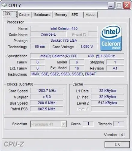 INTEL CELERON 430 1.8 GHz 800 512K 64 BIT 775p