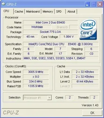 INTEL CORE 2 DUO E8400 3.00GHz 1333MHz 6MB 64BIT 775p