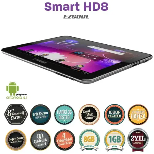 Ezcool Smart HD8 8GB DualCore 8″ HD Tablet+4Hediye