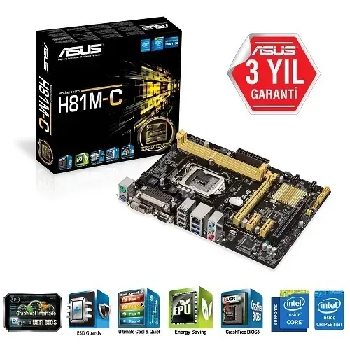 Asus H81M-C Intel H81 Soket 1150 DDR3 1600MHz SATA 3.0 USB 3.0 mATX Anakart