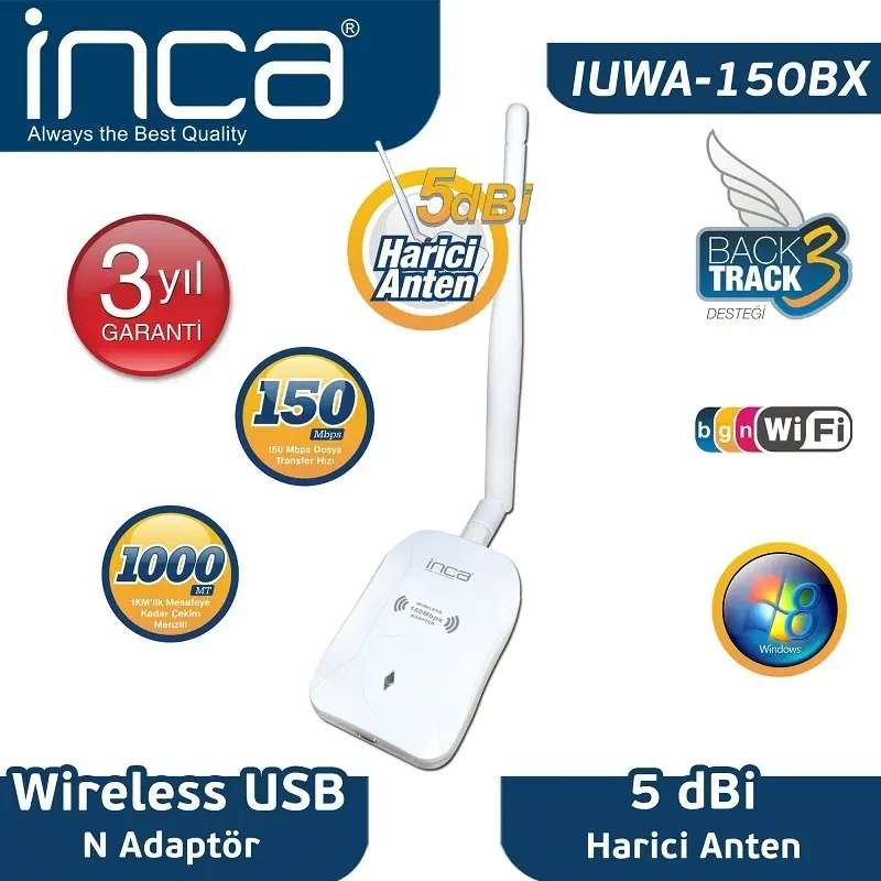 Inca IUWA-150BX 150 Mbps 11N Harici 5dBi Anten Wireless Adaptör