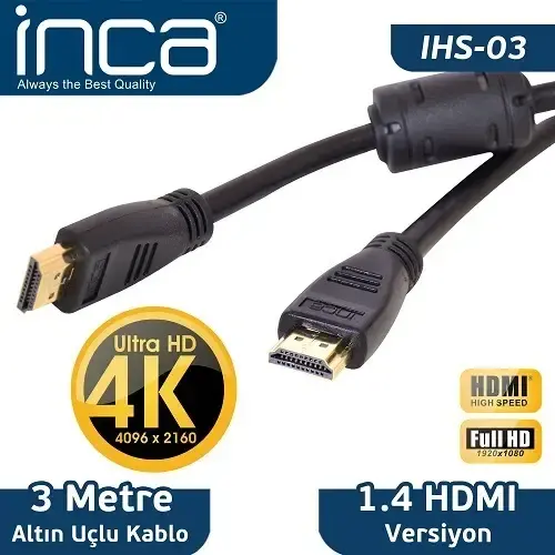 Inca IHS-03 Altın Uçlu 4K Ultra HD 3D HDMI Speed Kablo 3M