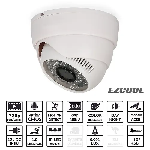 Ezcool EZ-3001 1MP 3,6MM (3MP) 36 LED AHD Dome Kamera