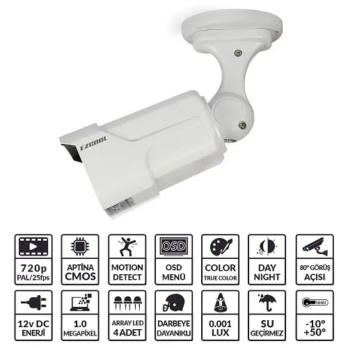 Ezcool EZ-3610 1MP 3,6MM (3MP) 1 Array LED AHD OSD Kamera