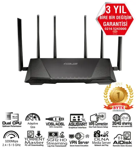 Asus RT-AC3200 GBit D.Band Kablosuz Router 3G