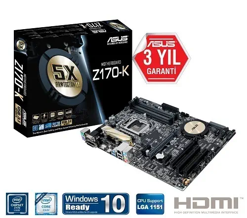 Asus Z170-K Intel Z170 Soket 1151 DDR4 3466MHz(O.C.) Sata 3 M.2 USB 3.1 ATX Anakart