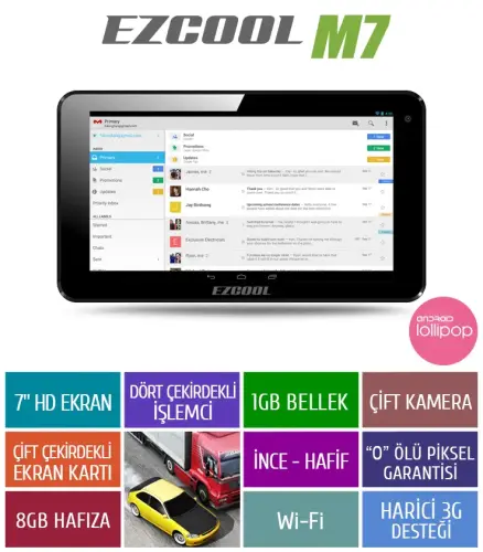 Ezcool M7 1 GB 8GB Quad Core 7″ HD Siyah Tablet