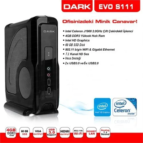Dark EVO S111 Intel Celeron J1900 4GB 60GB SSD VGA/HDMI, USB3.0 Mini-ITX PC