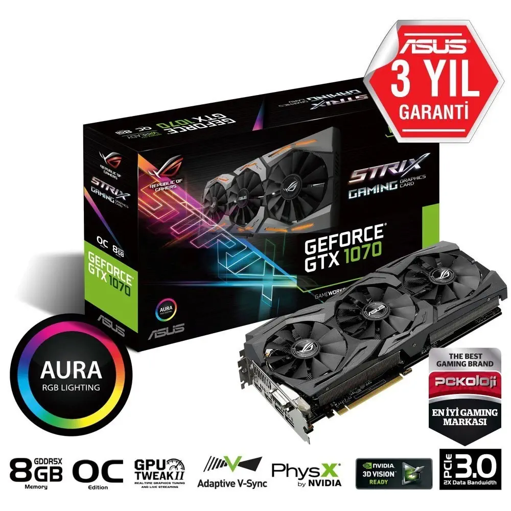 Asus STRIX Nvidia GeForce GTX 1070 OC 8GB 256Bit GDDR5 (DX12) PCI-E Gaming (Oyuncu) Ekran Kartı (STRIX-GTX1070-O8G-GAMING)