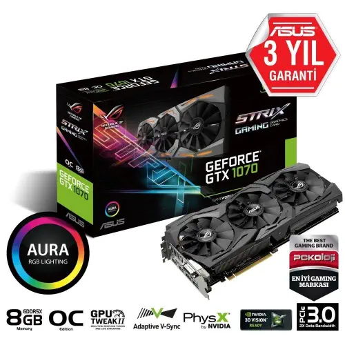 Asus  STRIX Nvidia GeForce GTX 1070 OC 8GB 256Bit GDDR5 (DX12) PCI-E Gaming (Oyuncu) Ekran Kartı (STRIX-GTX1070-O8G-GAMING)