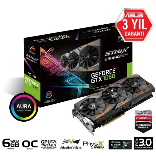 Asus GeForce GTX 1060 OC 6GB 192Bit GDDR5 (DX12) PCI-E 3.0 Gaming (Oyuncu) Ekran Kartı - STRIX-GTX1060-O6G-GAMING