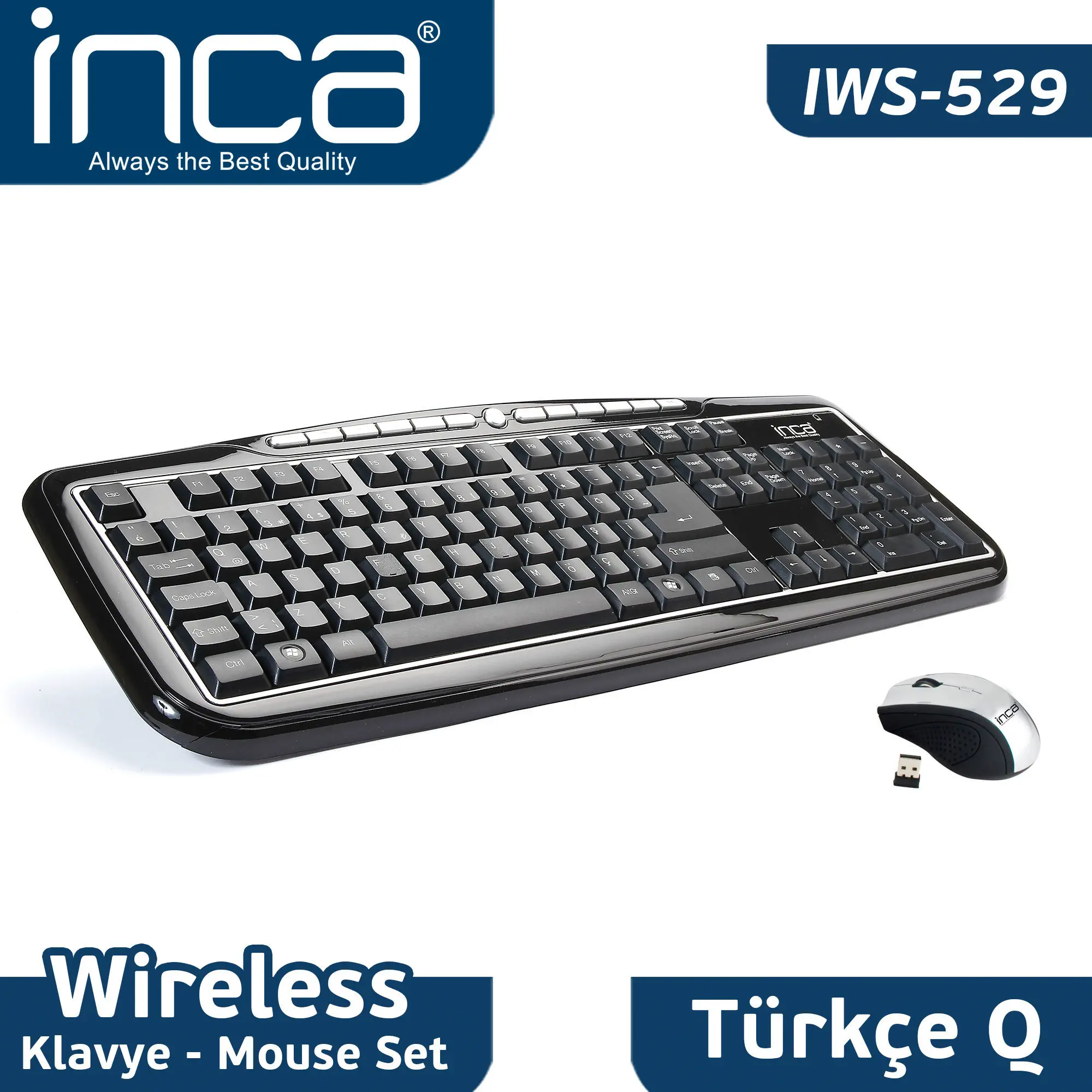 Inca IWS-529 2.4 Ghz Wireless Nano Super Cosy Klavye-Mouse Serisi (Piano-Black)