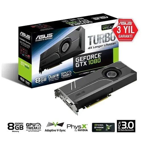 Asus NVIDIA GeForce TURBO-GTX1080-8G 8GB GDDR5X 256-Bit HDMI/DVI/DP Gaming (Oyuncu) Ekran Kartı 