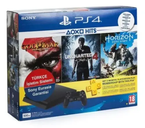 Sony PS4 500GB Slim Kasa Oyun Konsolu+Horizon Zero Dawn+God Of War 3+Uncharted 4+3 Aylık PS Plus Üyelik Hediye(Sony Eurasia Garantili)