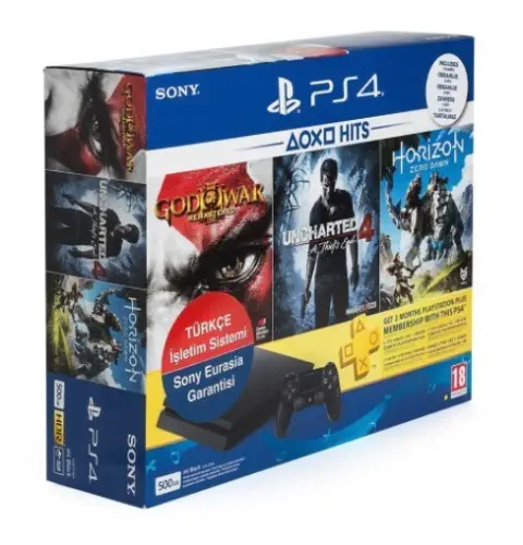 Sony PS4 500GB Slim Kasa Oyun Konsolu+Horizon Zero Dawn+God Of War 3+Uncharted 4+3 Aylık PS Plus Üyelik Hediye(Sony Eurasia Garantili)