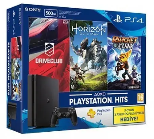 Sony PS4 500GB Slim Kasa Oyun Konsolu+Horizon Zero Dawn+Driveclub+Ratchet And Clank+3 Aylık PS Plus Üyelik Hediye(İthalatçı Firma Garantili)