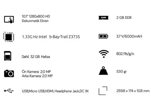 Everest Everpad DC-1101 10.1″ 32GB Sabit Disk 2GB RAM Windows 10 İngilizce Klavyeli Wi-Fi Tablet