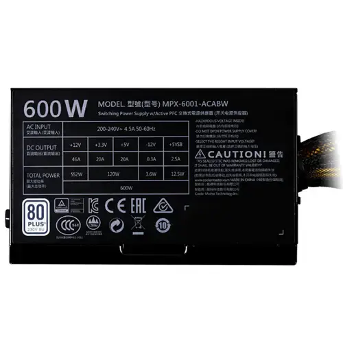 Cooler Master MasterWatt Lite 600 MPX-6001-ACABW-EU 80 Plus White 600W 120mm Fanlı Power Supply