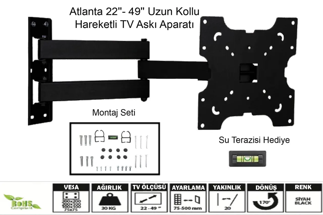 Atlanta 22″- 49″ Uzun Kollu Hareketli TV Askı Aparatı