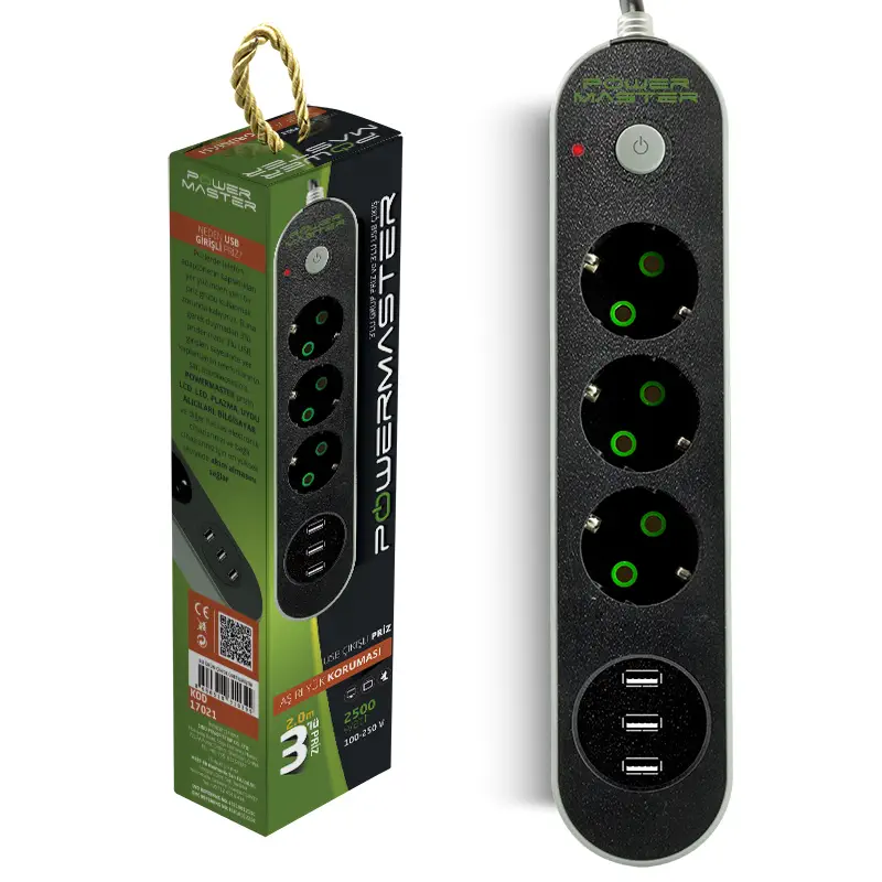 Powermaster PM-17021 3xUSB 3`lü 2Metre Kablolu Akım Korumalı Priz 