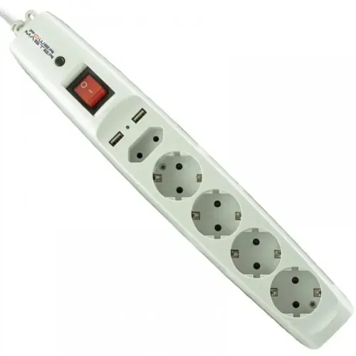 Powermaster PM-17594 Çift USB`li 5`li 2Metre Kablolu Anahtarlı Akım Korumalı Priz