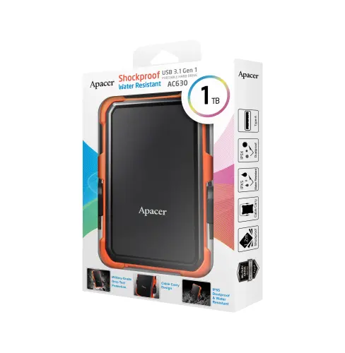 Apacer AC630 Siyah-Turuncu 1 TB Askeri Sınıf Darbeye Dayanıklı 2.5″ USB 3.1 Taşınabilir Harddisk (AP1TBAC630T-1) 