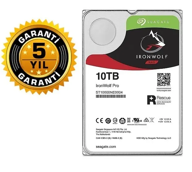 Seagate IronWolf Pro ST10000NE0004 3.5″ 10TB 7200Rpm SATA 6Gb/sn 256MB Önbellek RV Sensör 214 MB/sn Nas Disk