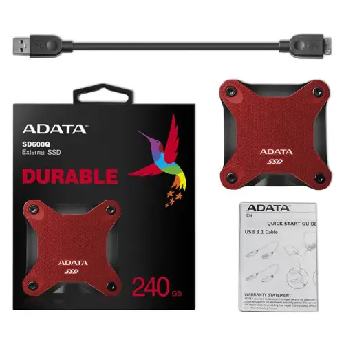 Adata SD600Q ASD600Q-240GU31-CRD 2.5” 240GB 440/430MB/s USB 3.2 Kırmızı Taşınabilir SSD Disk