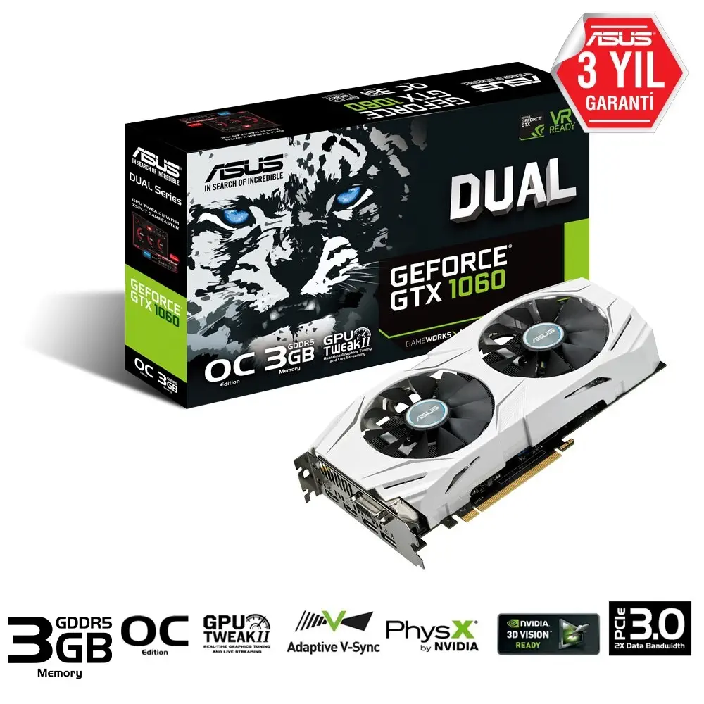 Asus DUAL-GTX1060-O3G GeForce GTX 1060 3GB GDDR5192Bit DX12 Gaming Ekran Kartı