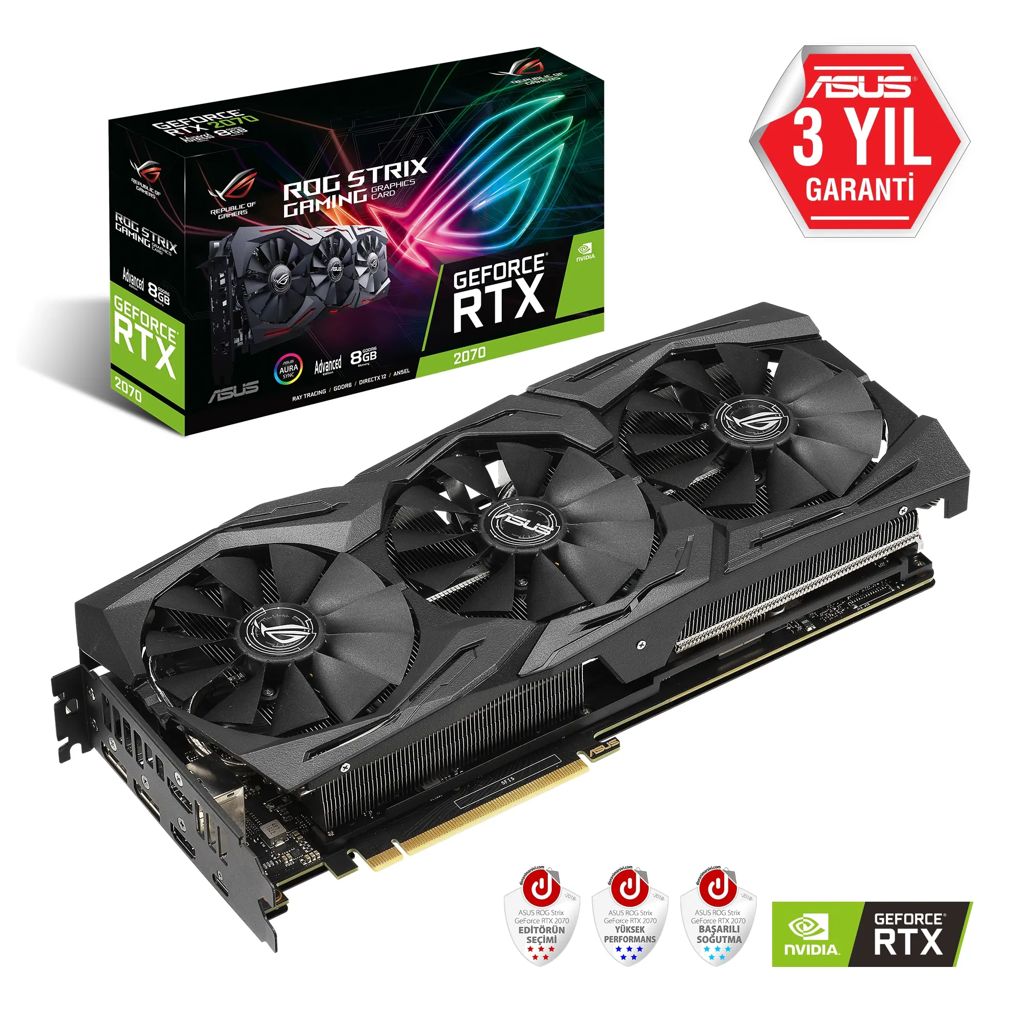 Asus ROG-Strix-RTX2070-A8G-Gaming GeForce RTX 2070 8GB GDDR6 256Bit DX12 Gaming Ekran Kartı