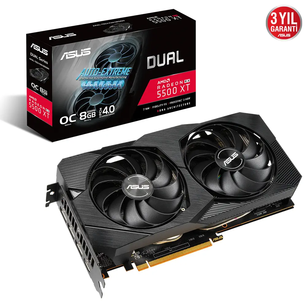 Asus Dual-RX5500XT-O8G-Evo AMD Radeon RX 5500 XT 8GB GDDR6 128Bit DX12 Gaming (Oyuncu) Ekran Kartı