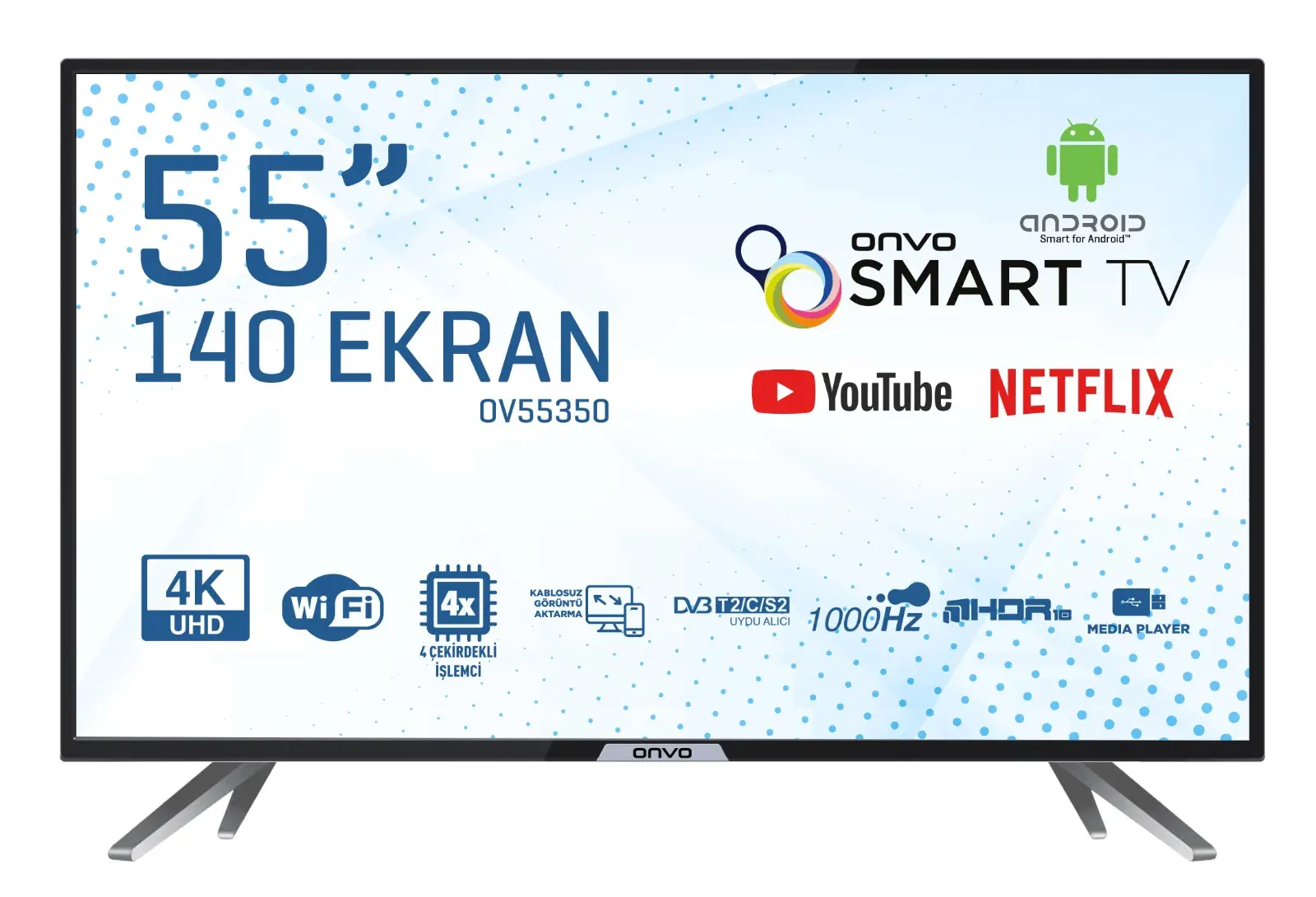Onvo OV55350 55 inç 140 Ekran Uydu Alıcılı 4K Ultra HD Android Smart LED TV   