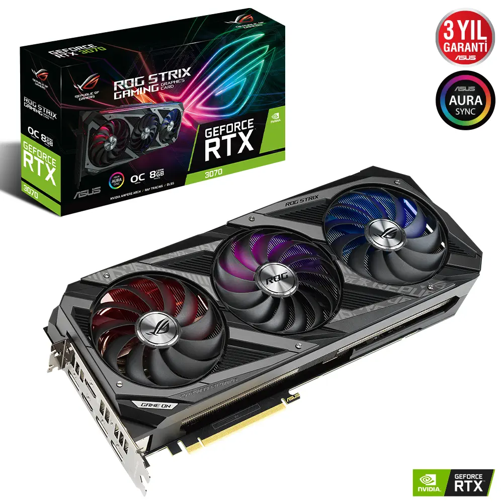 Asus ROG Strix GeForce RTX 3070 OC ROG-STRIX-RTX3070-O8G-GAMING 8GB GDDR6 256Bit DX12 Gaming Ekran Kartı