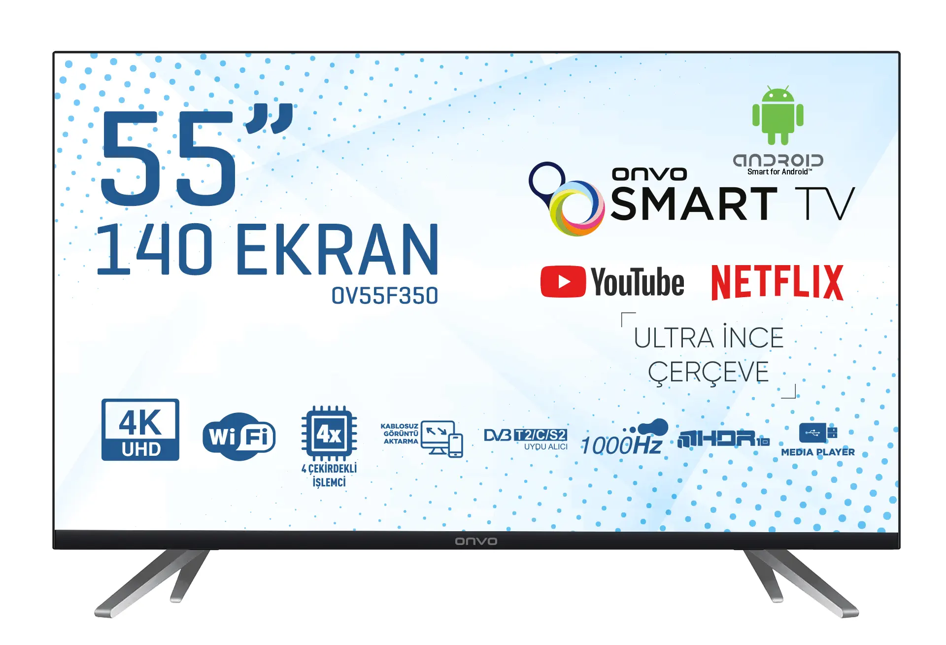 Onvo OV55F350 55 inç 140 Ekran Uydu Alıcılı Ultra HD Android Smart LED TV