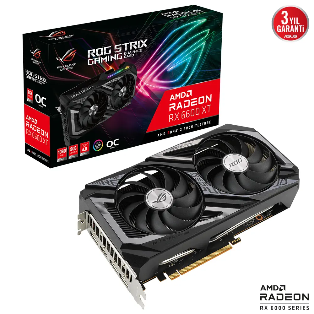 ASUS ROG Strix Radeon RX 6600 XT OC ROG-STRIX-RX6600XT-O8G-GAMING 8GB GDDR6 128Bit DX12 Gaming (Oyuncu) Ekran Kartı